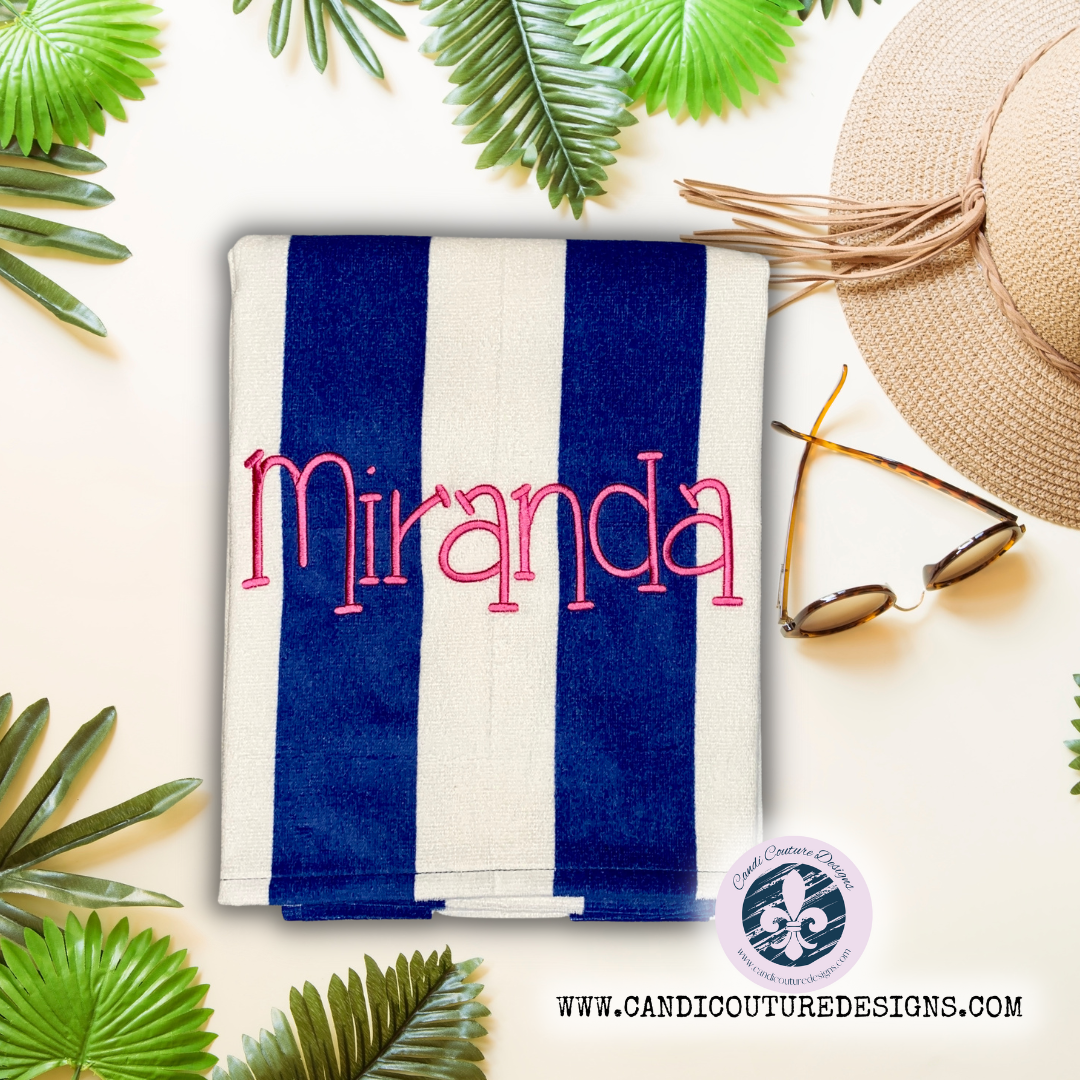 Custom Monogrammed Striped Cabana Beach Towel | Personalized Luxury Summer Essentials