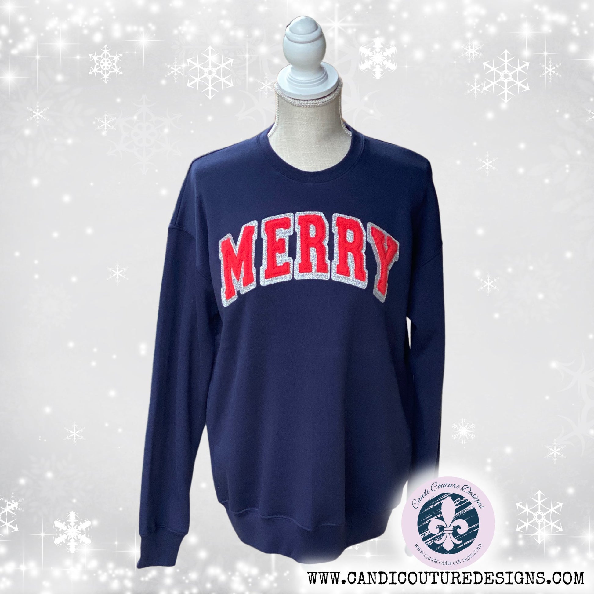 Christmas Merry Faux Chenille Sweatshirt | Holiday Graphic Tee | Cozy Varsity Appliqué Sweater | Preppy Personalized Pullover - Candicouturedesigns