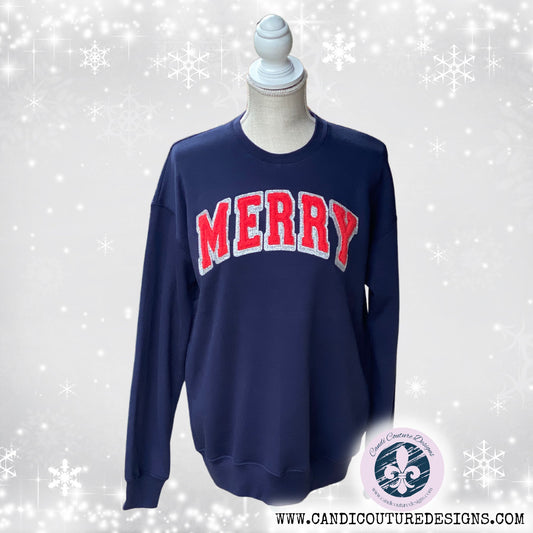Christmas Merry Faux Chenille Sweatshirt | Holiday Graphic Tee | Cozy Varsity Appliqué Sweater | Preppy Personalized Pullover - Candicouturedesigns