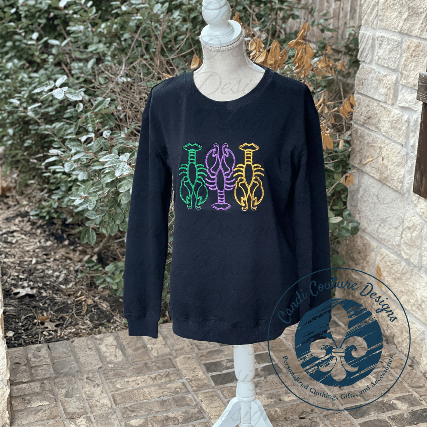 Crawfish Trio Sweatshirt | Mardi Gras Cajun Embroidery - Candicouturedesigns
