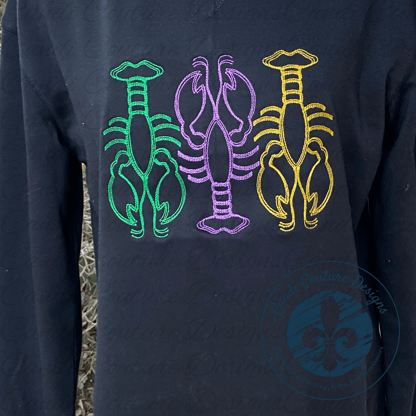 Crawfish Trio Sweatshirt | Mardi Gras Cajun Embroidery - Candicouturedesigns