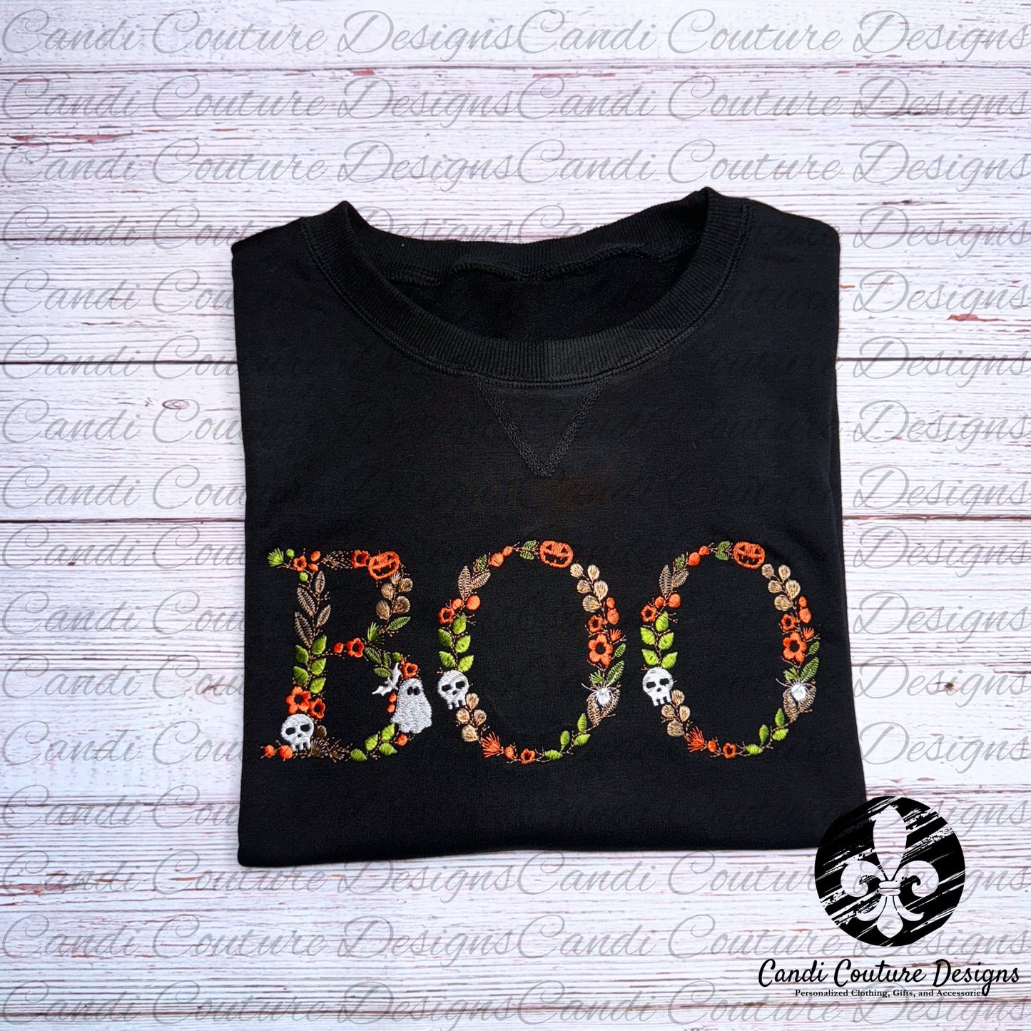 Custom Halloween "BOO" Sweatshirt | Spooky Word Embroidered Sweatshirt - Candicouturedesigns