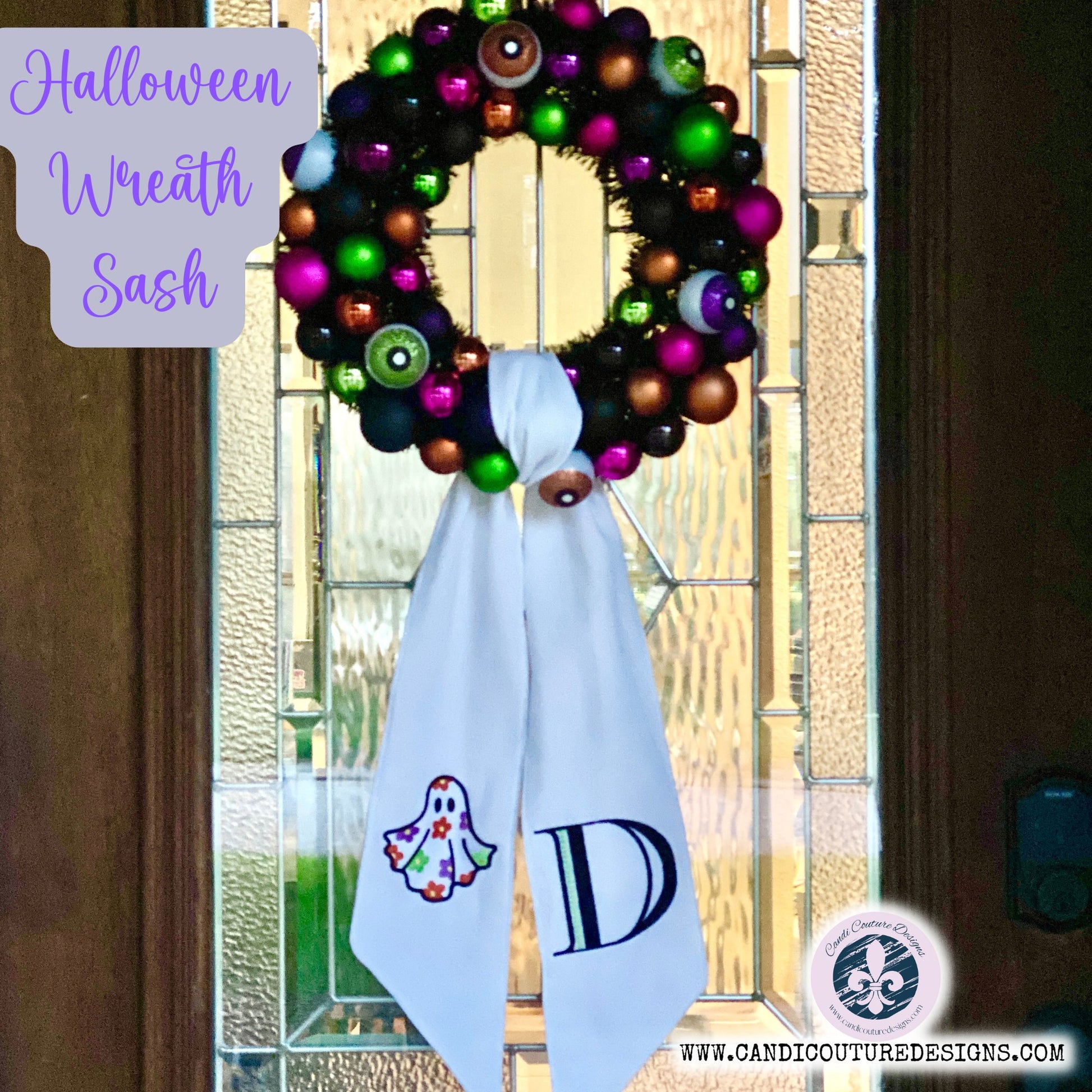 Custom Halloween Monogram Wreath Sash | Personalized Front Door Decor - Candicouturedesigns