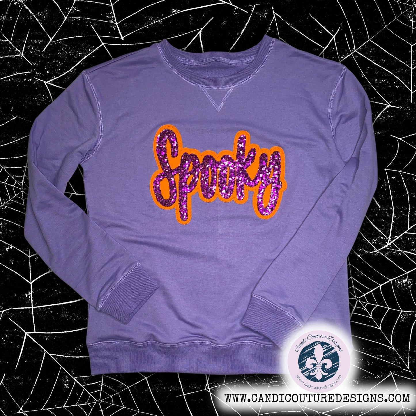 Custom Spooky Appliqué Sweatshirt | Purple Sequin with Orange Outline | Halloween Fashion - Candicouturedesigns