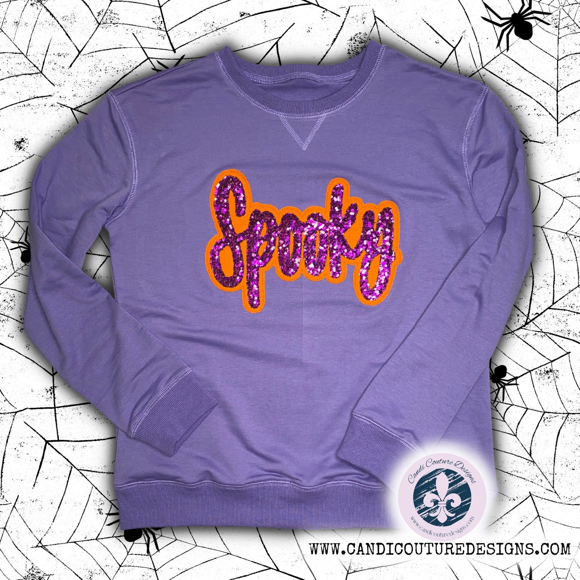 Custom Spooky Appliqué Sweatshirt | Purple Sequin with Orange Outline | Halloween Fashion - Candicouturedesigns