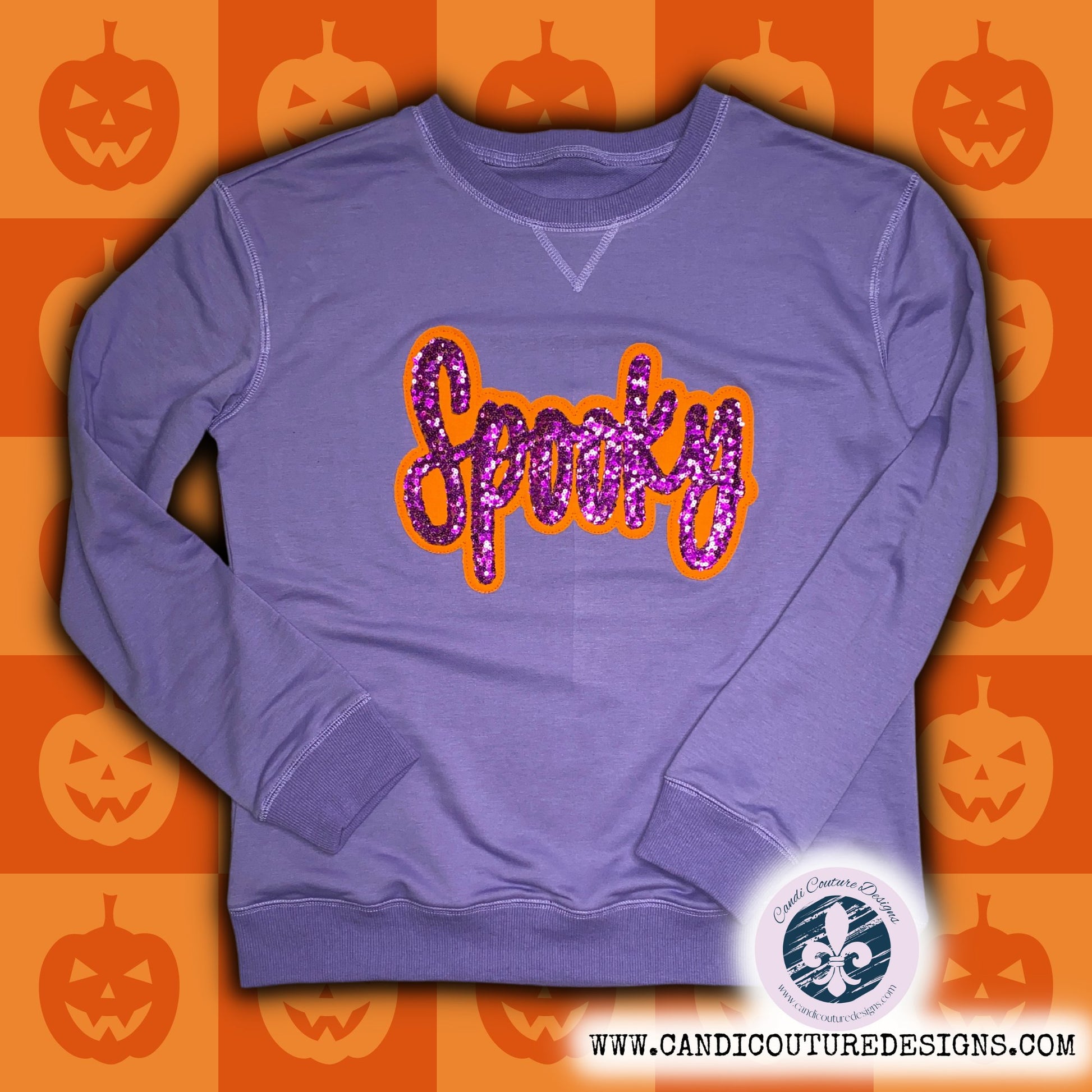 Custom Spooky Appliqué Sweatshirt | Purple Sequin with Orange Outline | Halloween Fashion - Candicouturedesigns