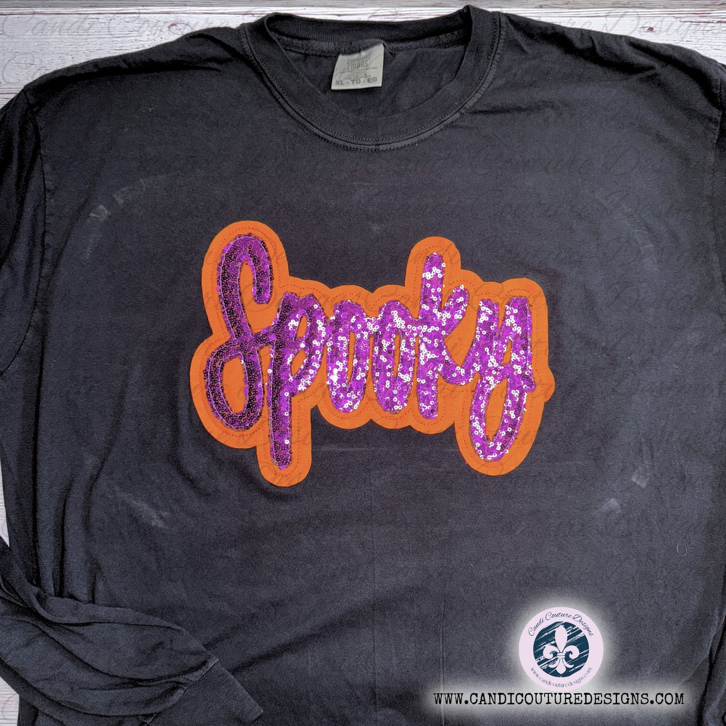 Custom Spooky Appliqué Sweatshirt | Purple Sequin with Orange Outline | Halloween Fashion - Candicouturedesigns