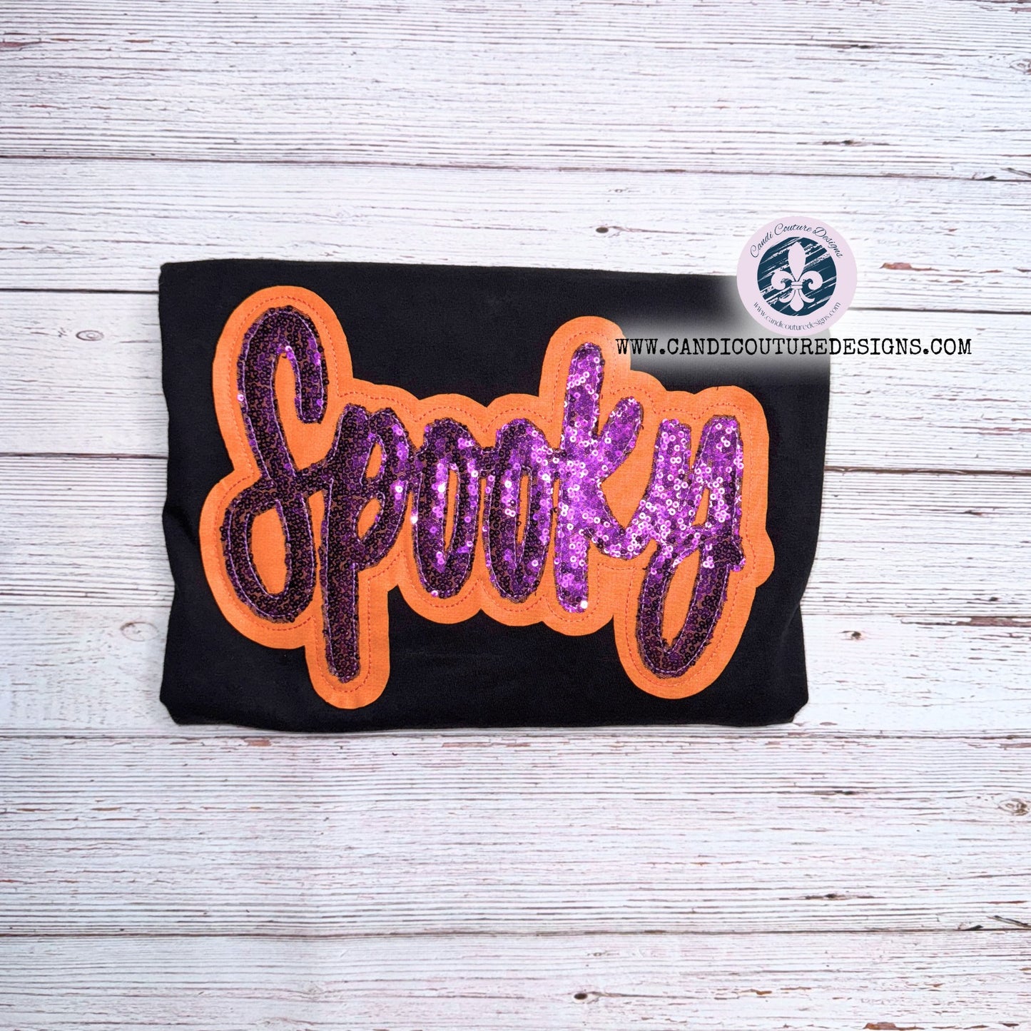 Custom Spooky Appliqué Sweatshirt | Purple Sequin with Orange Outline | Halloween Fashion - Candicouturedesigns