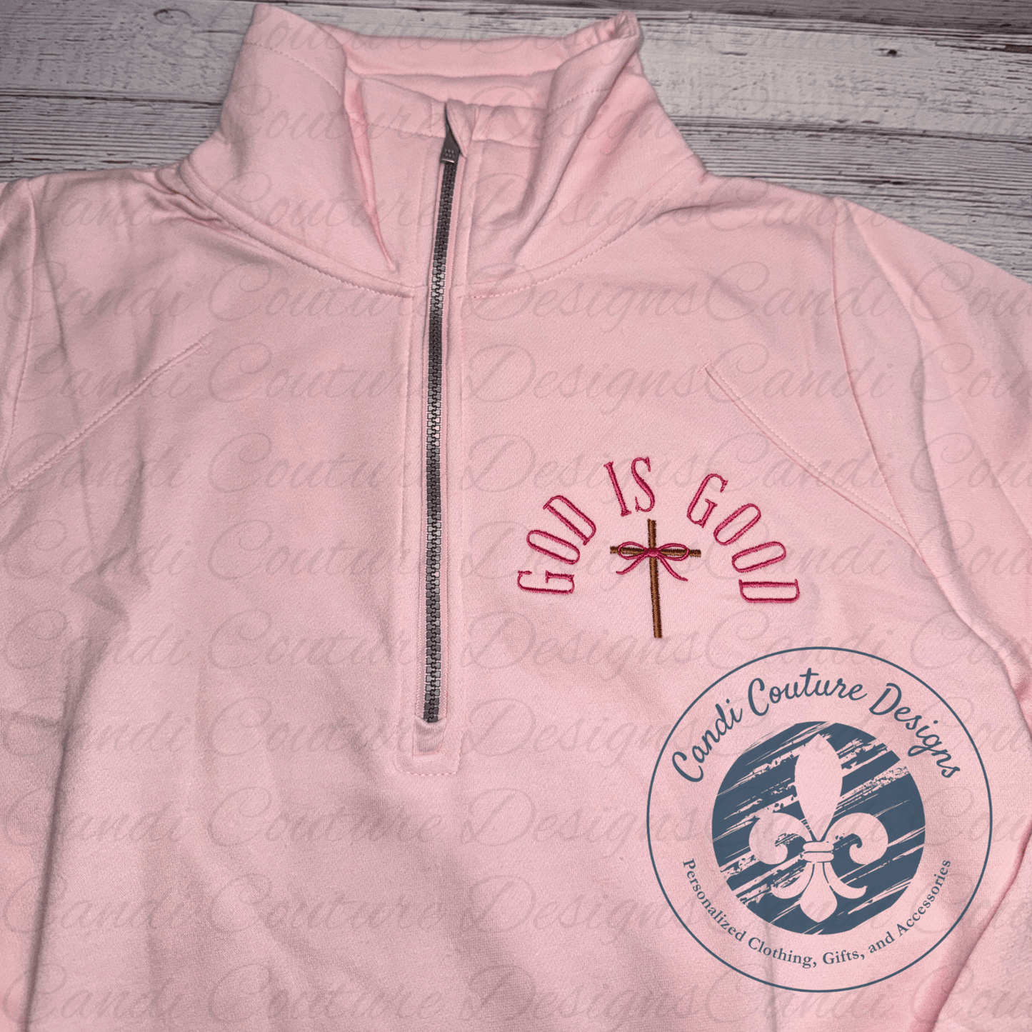 God Is Good Embroidered Half Zip Pullover | Christian Embroidered Sweatshirt - Candicouturedesigns