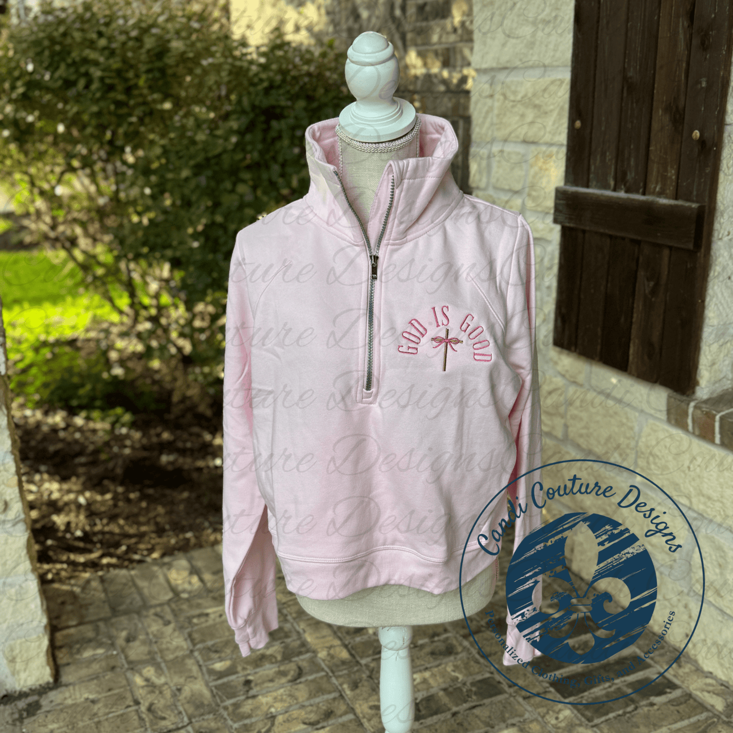 God Is Good Embroidered Half Zip Pullover | Christian Embroidered Sweatshirt - Candicouturedesigns