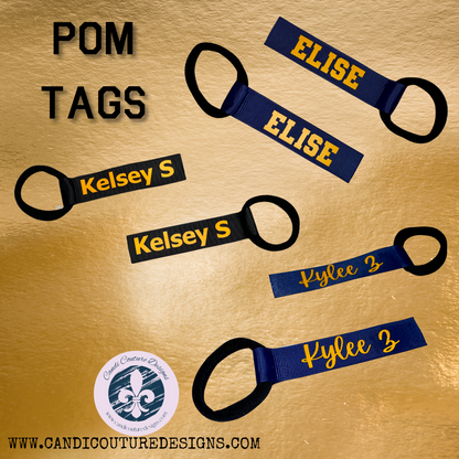Personalized cheer pom pom tags in team colors and names, perfect for team spirit accessories.