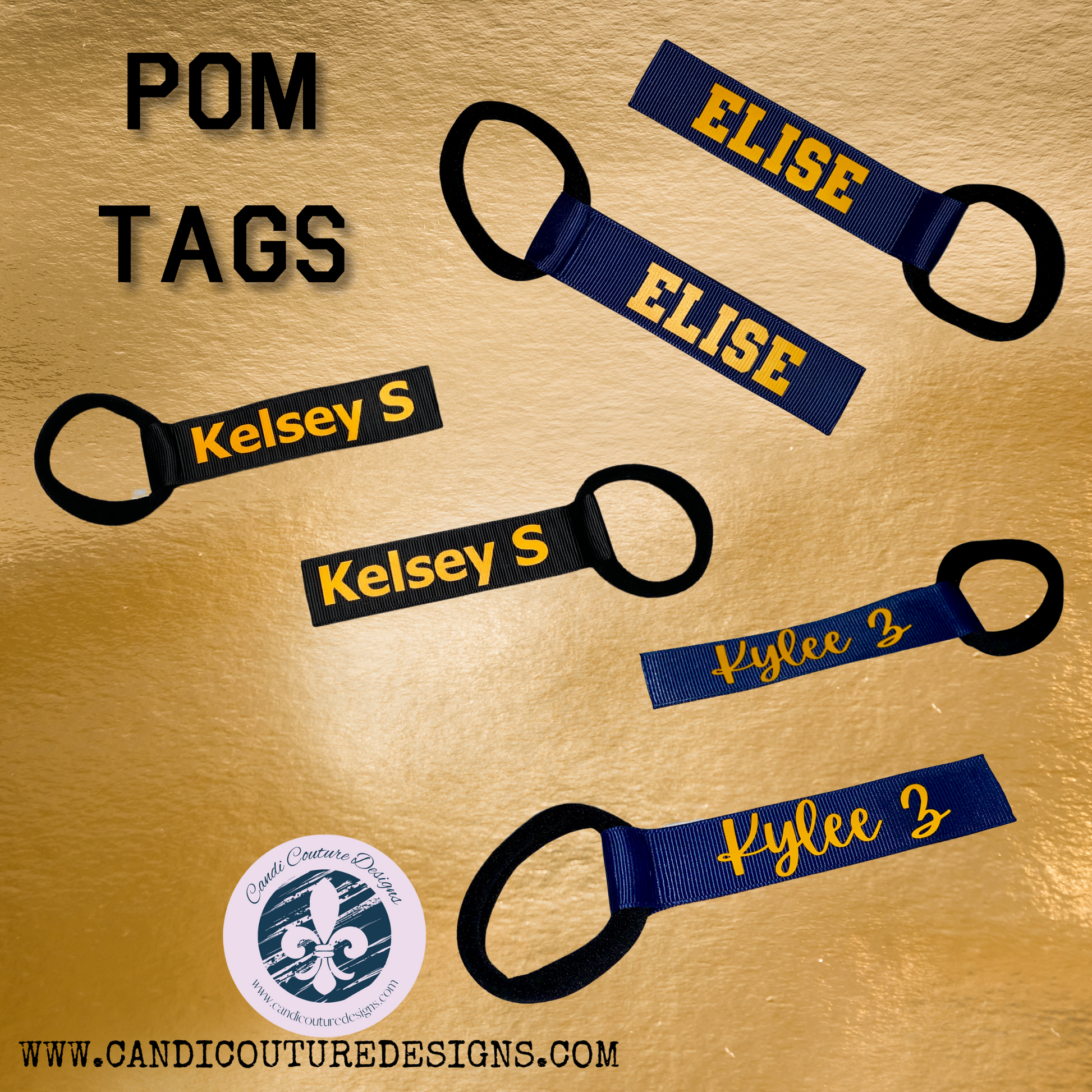 Personalized cheer pom pom tags in team colors and names, perfect for team spirit accessories.