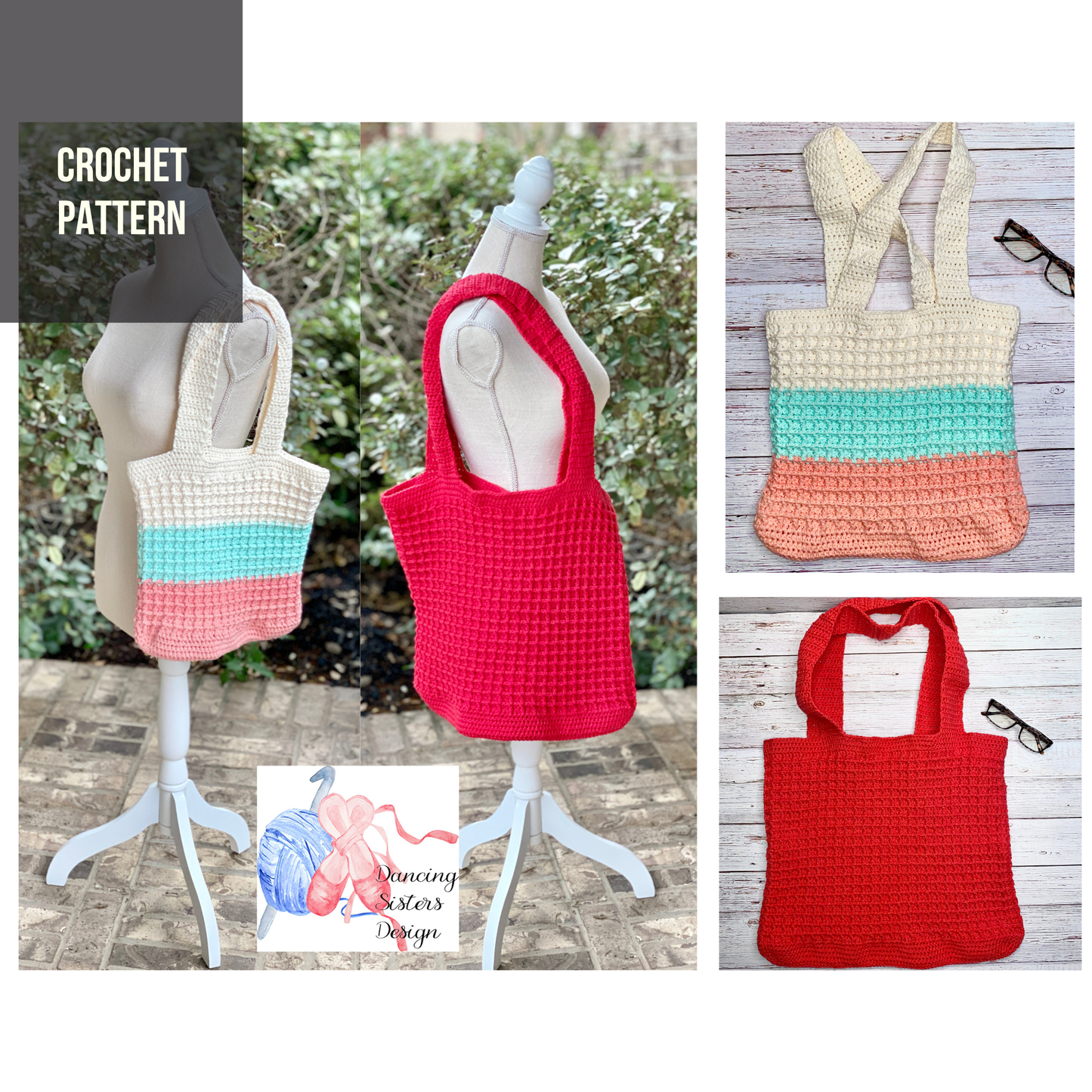 Boho Waffle Market Tote Bag Crochet Pattern PDF | Instant Download | Beginner Friendly - Candicouturedesigns
