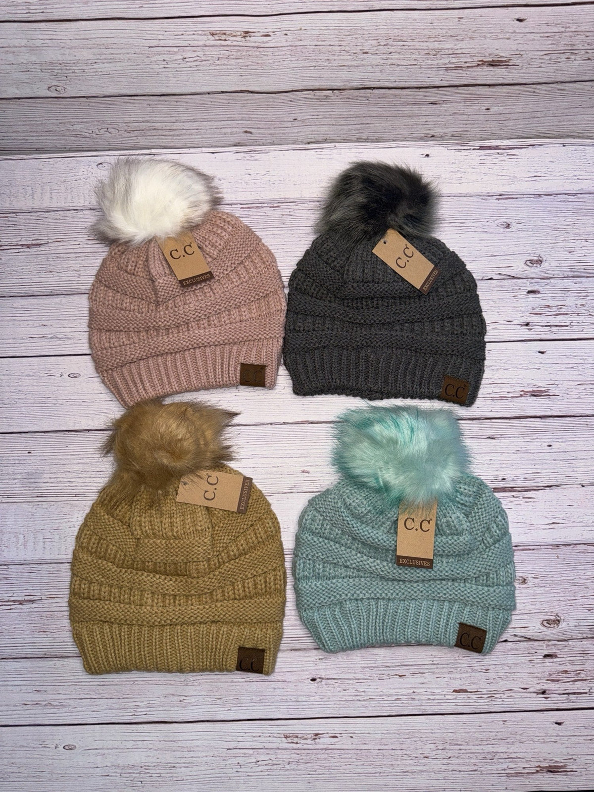 C.C Faux Fur Pom Beanie | Matching Pom Pom Knit Beanie | Winter Hat Gift - Candicouturedesigns