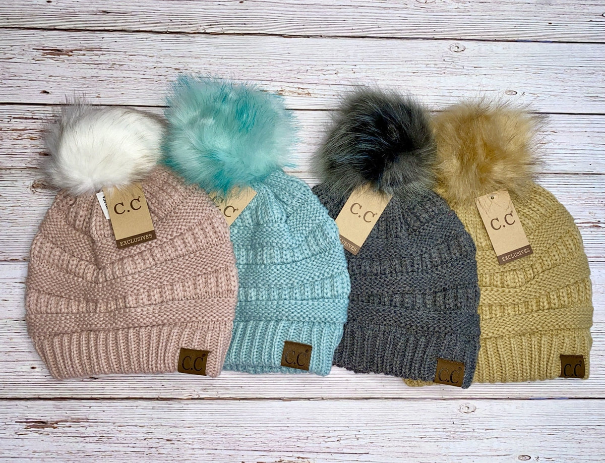 C.C Faux Fur Pom Beanie | Matching Pom Pom Knit Beanie | Winter Hat Gift - Candicouturedesigns