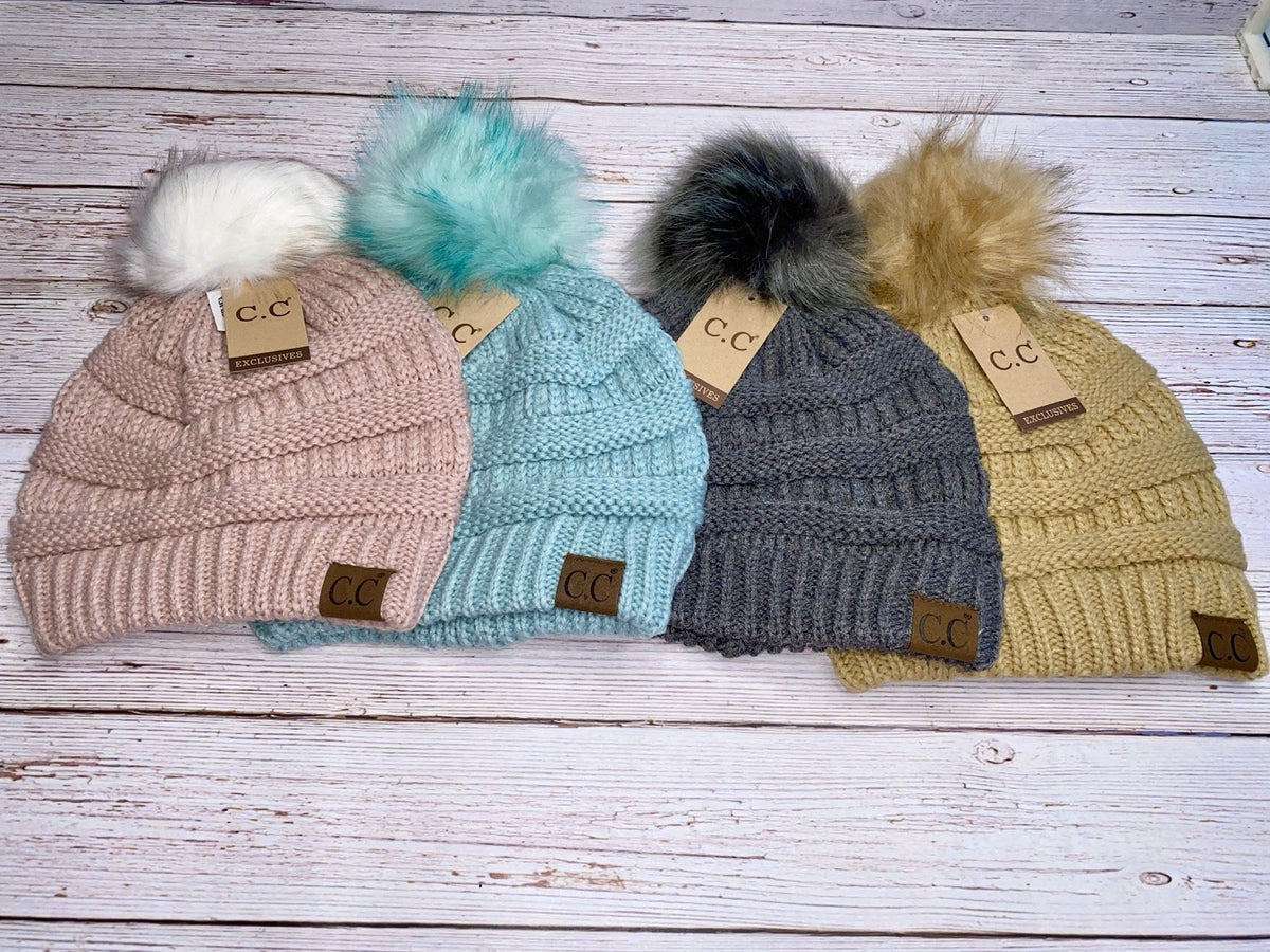 C.C Faux Fur Pom Beanie | Matching Pom Pom Knit Beanie | Winter Hat Gift - Candicouturedesigns