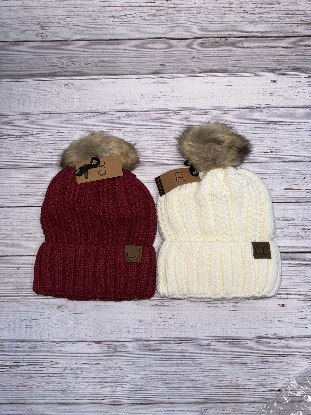 C.C Faux Fur Pom Beanie | Matching Pom Pom Knit Beanie | Winter Hat Gift - Candicouturedesigns
