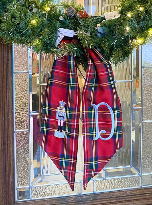 Christmas Wreath Sash | Personalized Monogram Embroidered Wreath Sash | Plaid, White, Red or Navy Front Door Decor - Candicouturedesigns