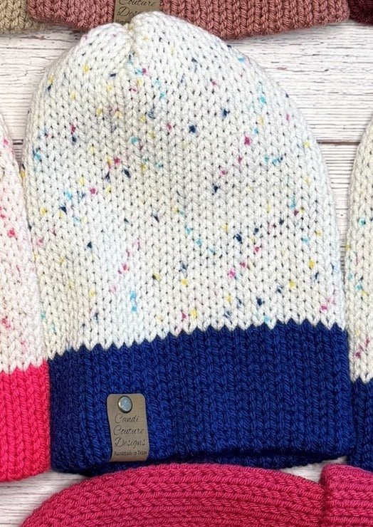 CLEARANCE Handmade Knit Beanie – Cream with Blue Brim | One of a Kind | Final Sale - Candicouturedesigns