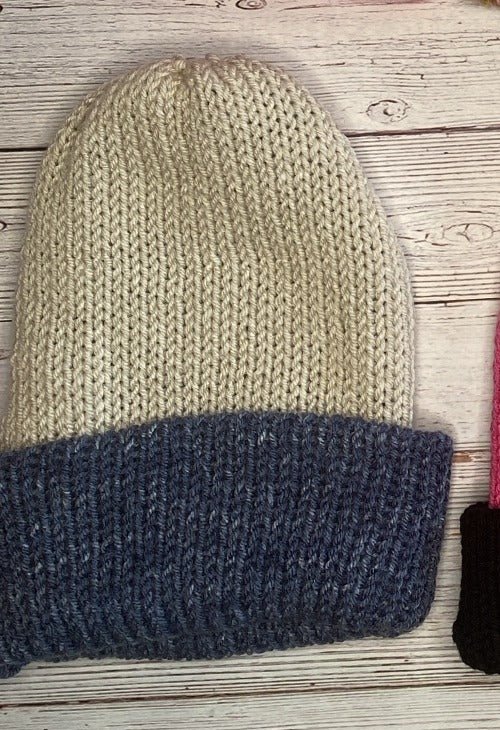 CLEARANCE Handmade Knit Beanie – Cream with Navy Cuff | One of a Kind | Final Sale - Candicouturedesigns