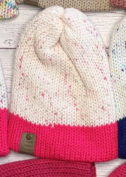 CLEARANCE Handmade Knit Beanie – Cream with Pink Brim | Only 2 Left | Final Sale - Candicouturedesigns