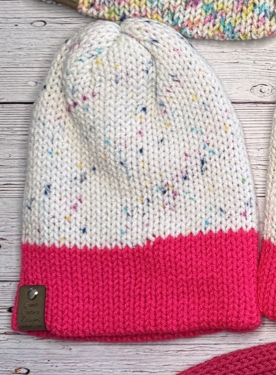 CLEARANCE Handmade Knit Beanie – Cream with Pink Brim | Only 2 Left | Final Sale - Candicouturedesigns