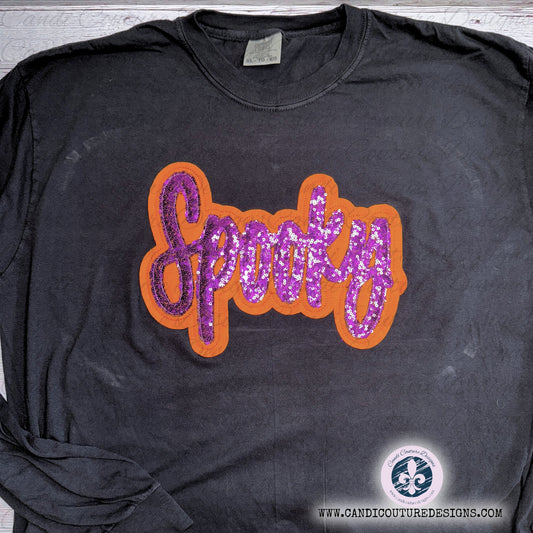 Custom Spooky Appliqué Sweatshirt | Purple Sequin with Orange Outline | Halloween Fashion - Candicouturedesigns