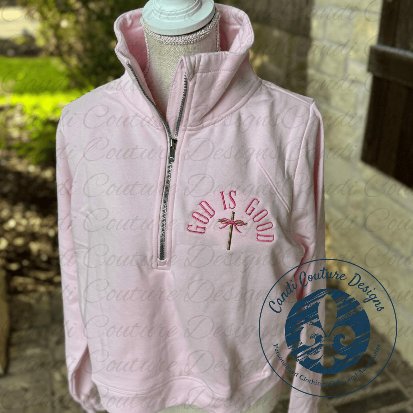 God Is Good Embroidered Half Zip Pullover | Christian Embroidered Sweatshirt - Candicouturedesigns
