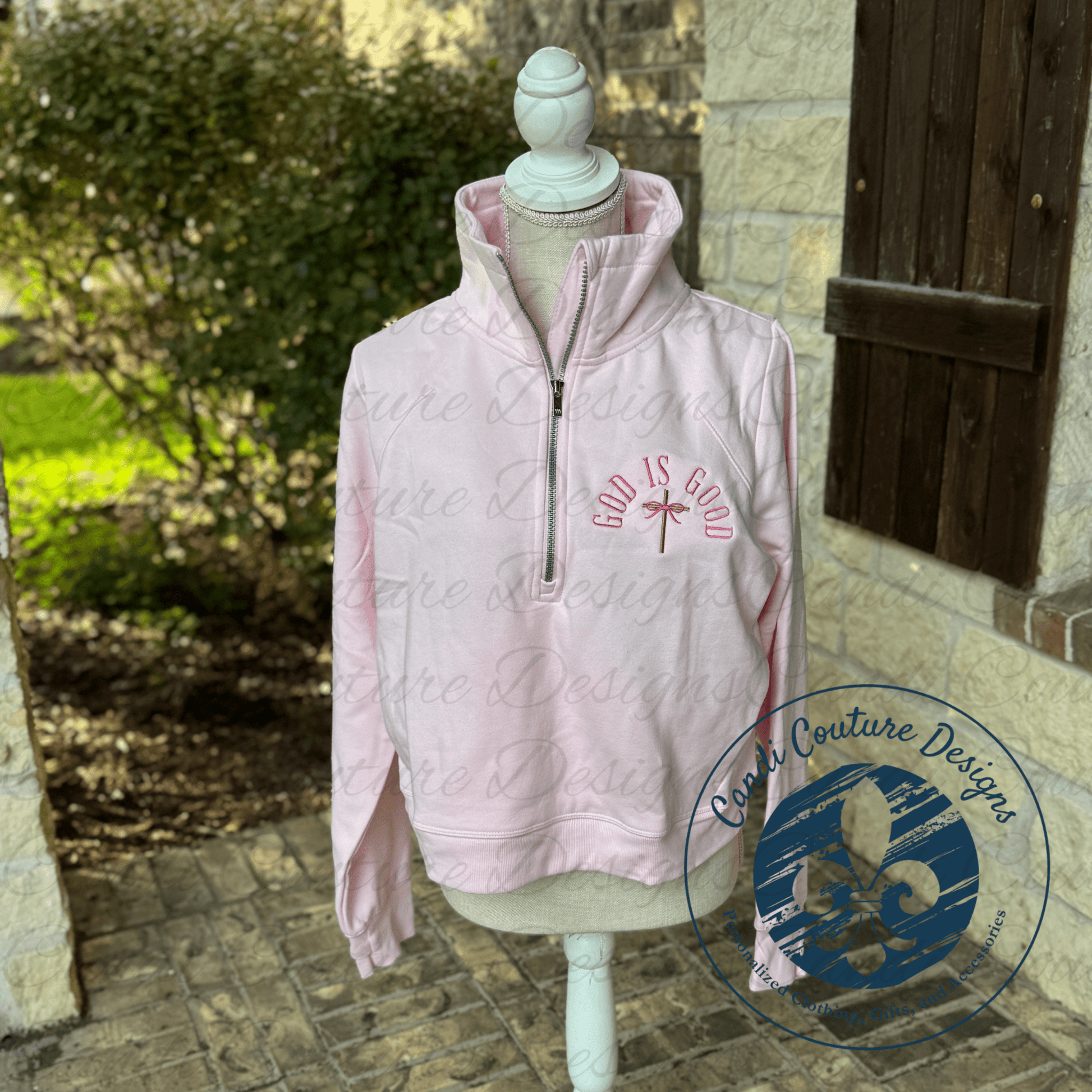 God Is Good Embroidered Half Zip Pullover | Christian Embroidered Sweatshirt - Candicouturedesigns