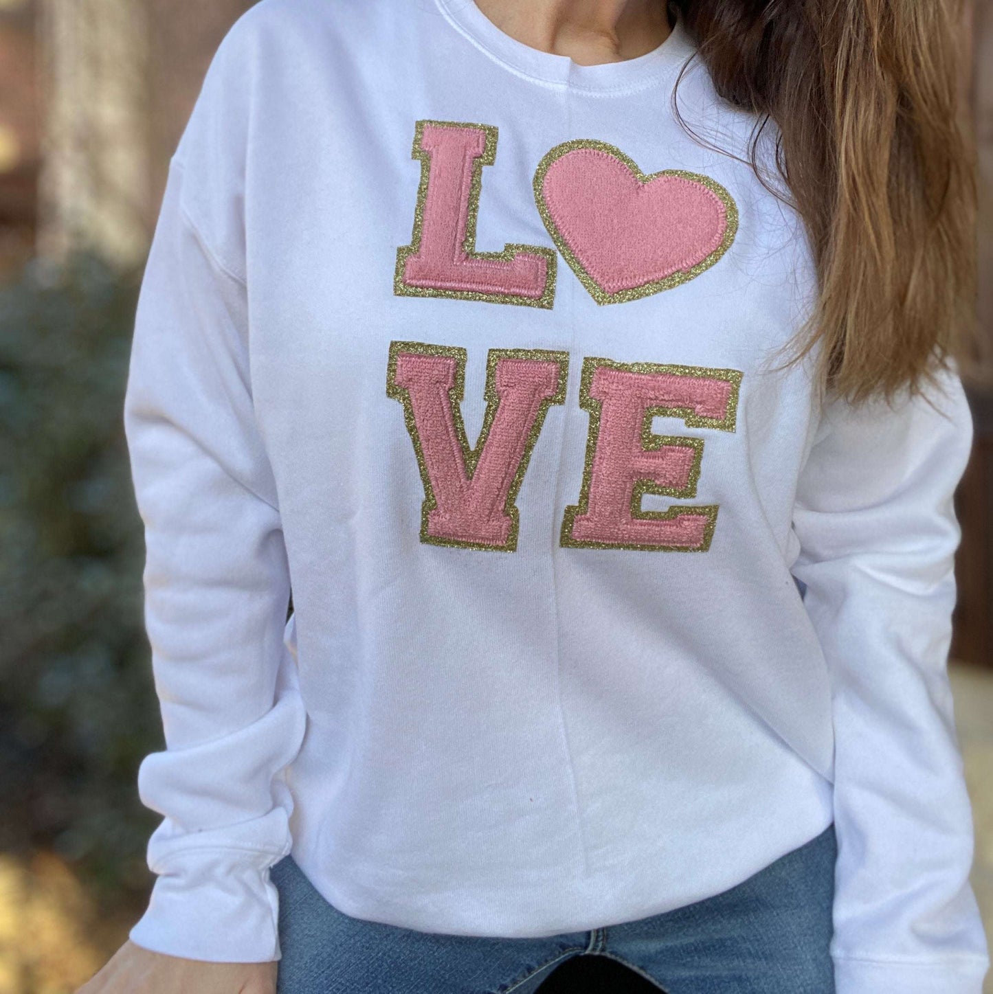Custom Embroidered Love Sweatshirt, Chenille Patch Letters