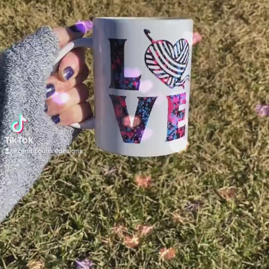 Yarn Lover's Coffee Mug, Graffiti Paint Love Word, Crochet Tea Cup, Knitting Coffee Mug, Crafter Mug, Coffee Lover Gift, Yarn Collector Gift