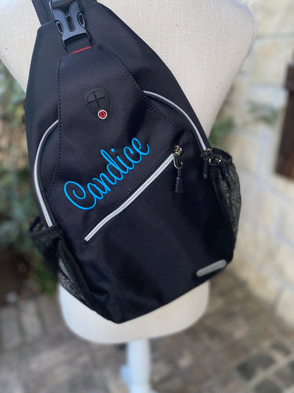 Personalized Monogrammed Name Cheerleader Team Shoulder Sling Bag, Athletic Gear Holder Backpack, Dance Team Sports Sling Bag with zip