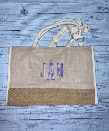 Custom Embroidered Initial Burlap Canvas Tote Bag, Teacher Gift Bridesmaid Gift Sleepover Party, Personalized Christmas Gift, Team Gift