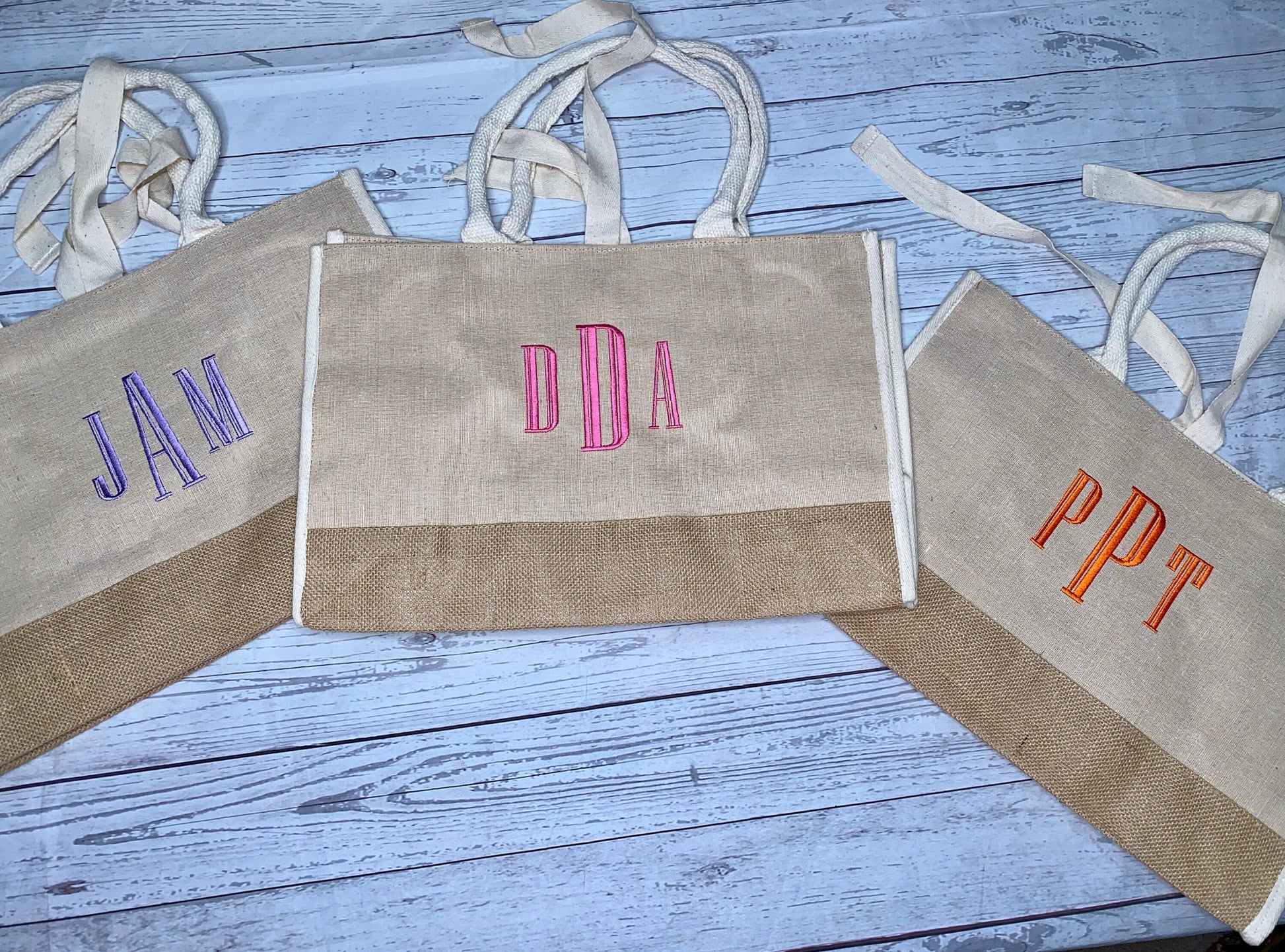 Custom Embroidered Initial Burlap Canvas Tote Bag, Teacher Gift Bridesmaid Gift Sleepover Party, Personalized Christmas Gift, Team Gift