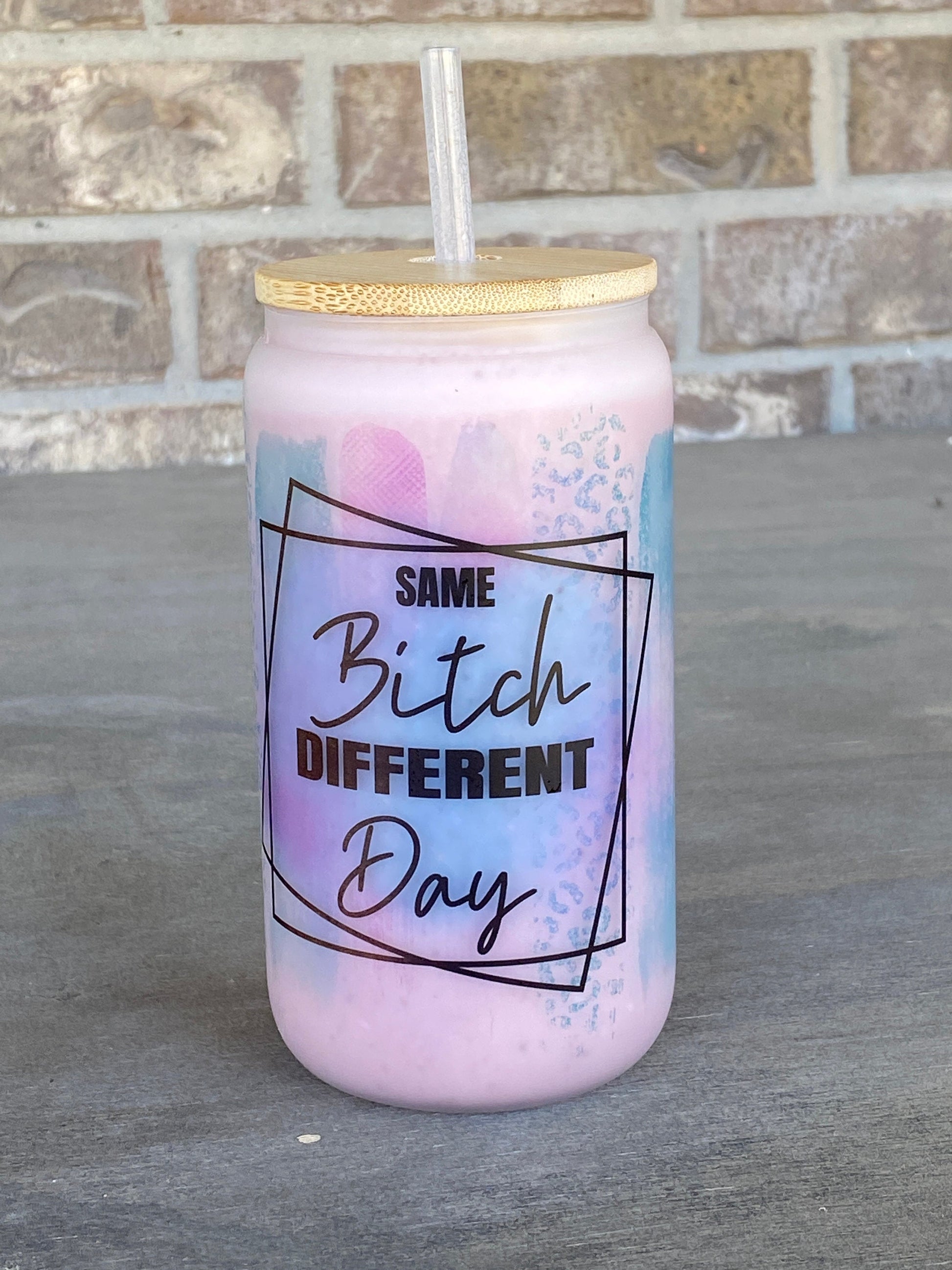 Same Bitch Different Day Frosted Glass Can, 16 oz Iced Coffee Mug with Bamboo Lid, Beer Glass Can Cup, Iced Latte Mug, Coffee Tumbler