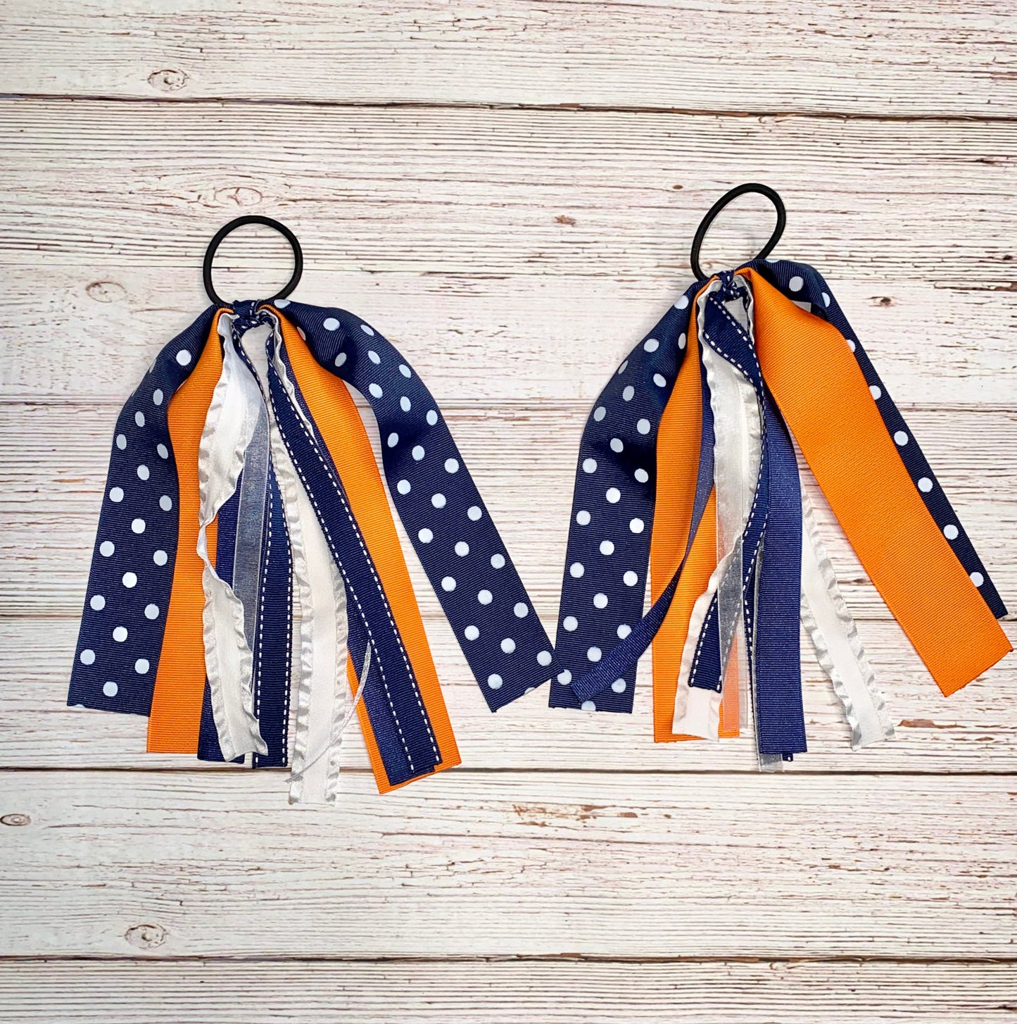 Sports Team Cheer Bow Pony Tail Ribbons, Navy and Orange Hair Bow, Baseball Pony Tail Ribbons, Cheer Ponytails, Dance Hair Ties, Ribbon Tail