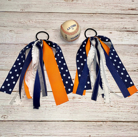 Sports Team Cheer Bow Pony Tail Ribbons, Navy and Orange Hair Bow, Baseball Pony Tail Ribbons, Cheer Ponytails, Dance Hair Ties, Ribbon Tail