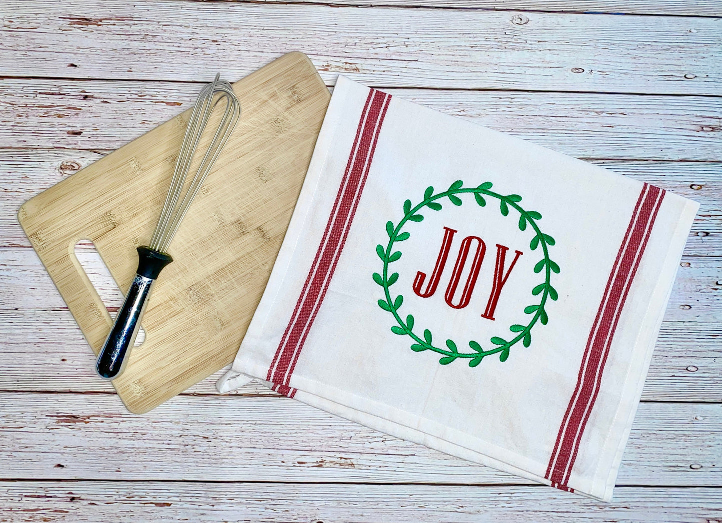 Joy Wreath Christmas Kitchen Towel, Boxwood Wreath Design, Farmhouse Dish Towel, Red Striped Towel, Vintage Holiday Towel, Joy Tea Towel
