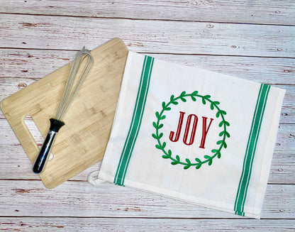 Joy Wreath Christmas Kitchen Towel, Boxwood Wreath Design, Farmhouse Dish Towel, Red Striped Towel, Vintage Holiday Towel, Joy Tea Towel