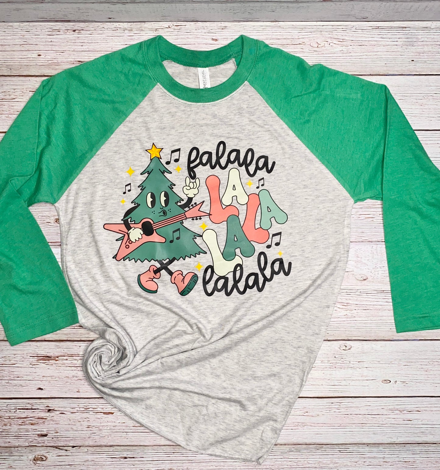 Fa La La La La Graphic Tee Raglan, Family Christmas T-Shirt, Women's Retro Christmas Tree Shirt, Holiday Tree Pajamas, Women Retro Christmas