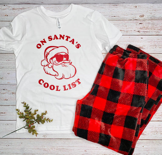 On Santa's Cool List Graphic Shirt, Sunglasses Santa T-Shirt, Christmas PJ Top, Funny Santa Tee, Boy's Christmas Shirt, Toddler Girls Tween