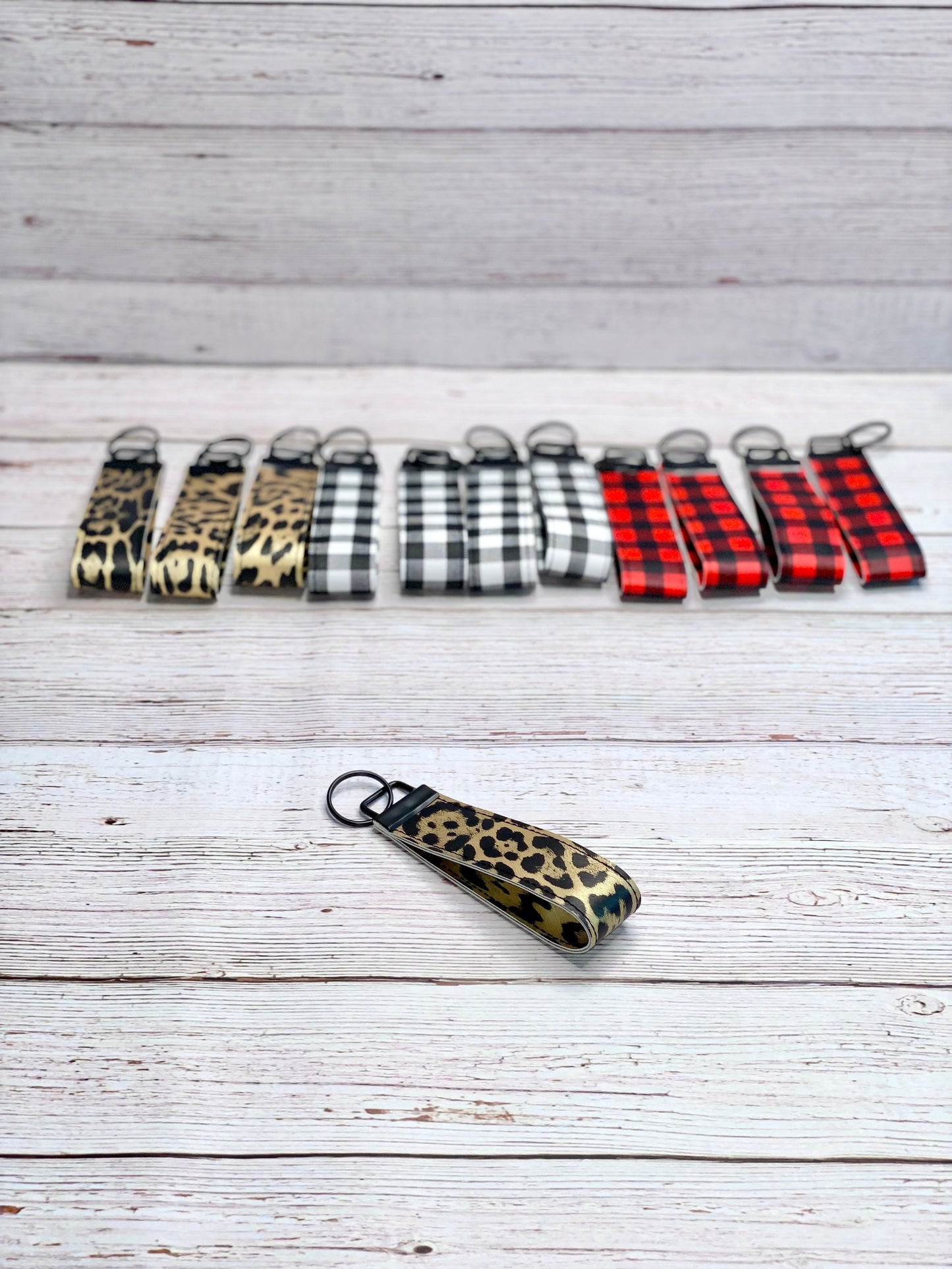 Neutral Plaid Faux Leather Key Fob, Red Plaid Keychain,  Leopard Print Key Ring, Black & White Plaid, Preppy Keychain, Personalized Keychain