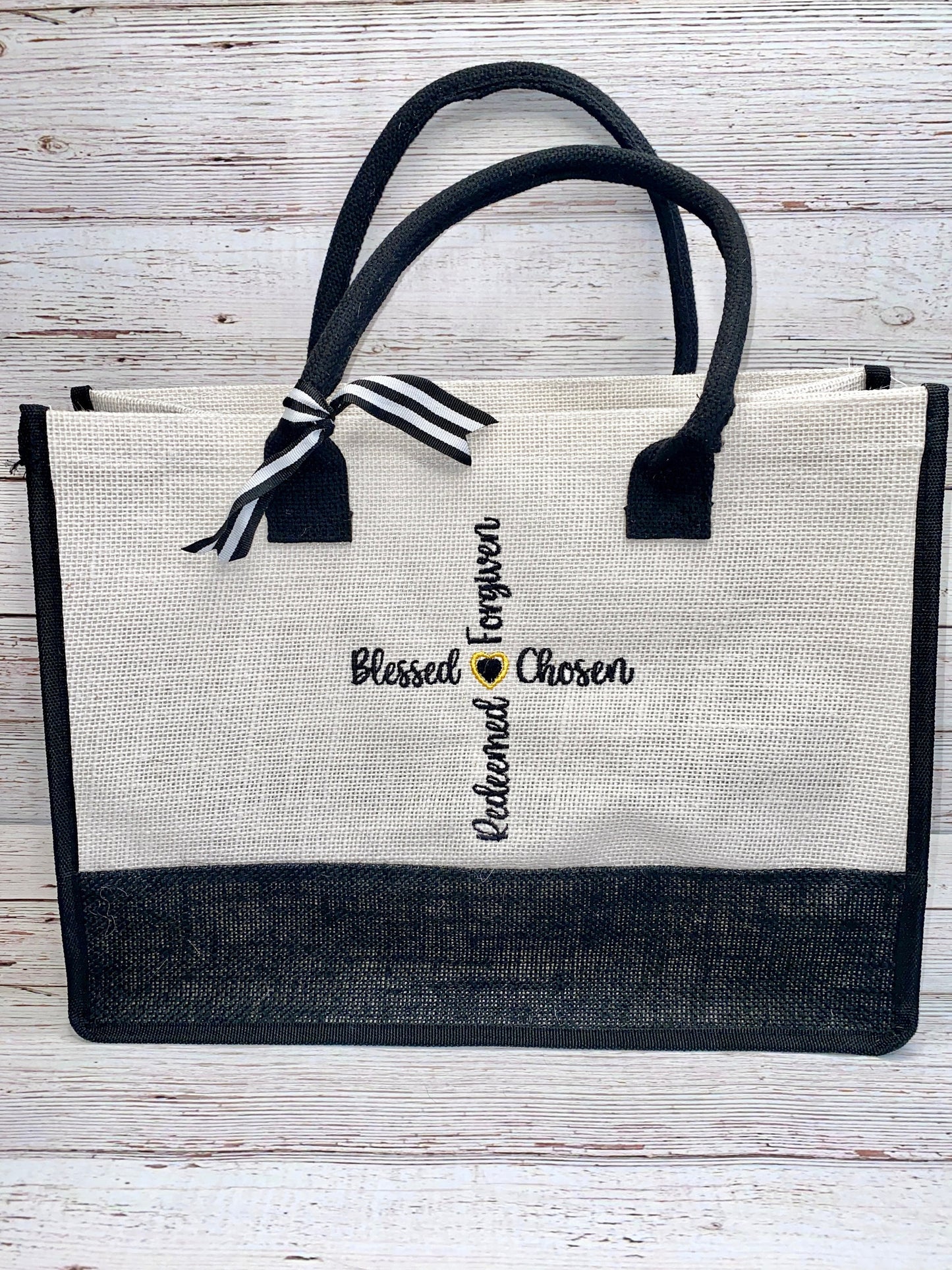 Custom Embroidered Cross Burlap Canvas Tote Bag, Teacher Gift Bridesmaid Gift Religious Gift, Blessed, Chosen, Forgiven, Redeemed with Heart