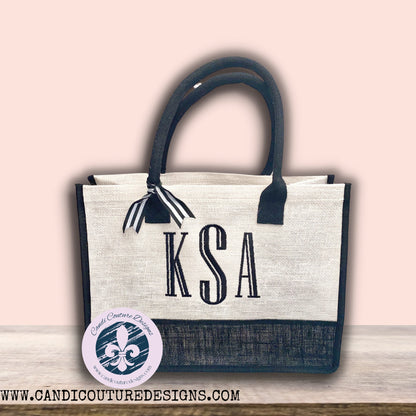 Make your bridal party stand out with our stylish monogrammed burlap tote bag. Perfect for carrying essentials, this bag is a must-have accessory for any wedding. Get yours now and add a personalized touch to your special day.