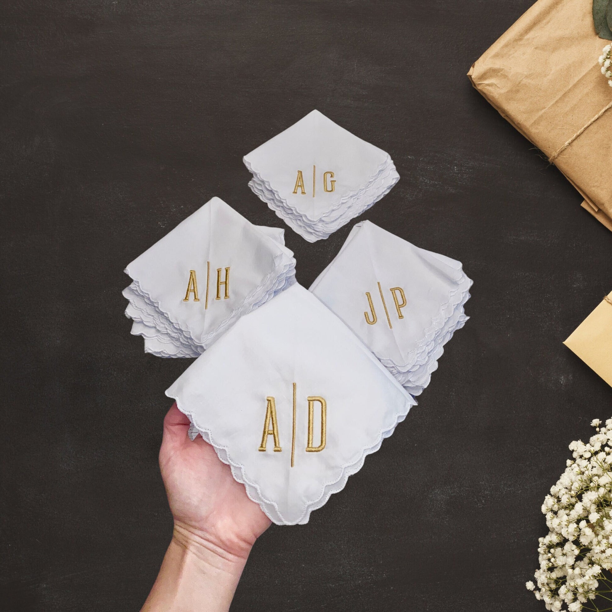 Monogrammed Handkerchiefs for Weddings and Special Occasions, Personalized Cotton Handkerchiefs for Men, Scalloped Edged Handkerchiefs