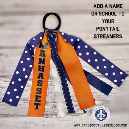Personalized Sports Ponytail Streamers, Cheer Ribbon Ponytails, Dance Team Hair Accessories, Customizable Hair Bows, Cheerleading, Dancewear