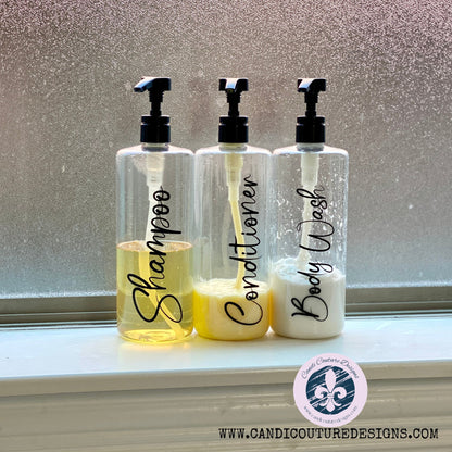 Set of 3 Bottles for Shampoo, Conditioner, and Body Wash, Toiletry Bottles for Bathroom, Labels for Bath Products, Refillable Dispensers