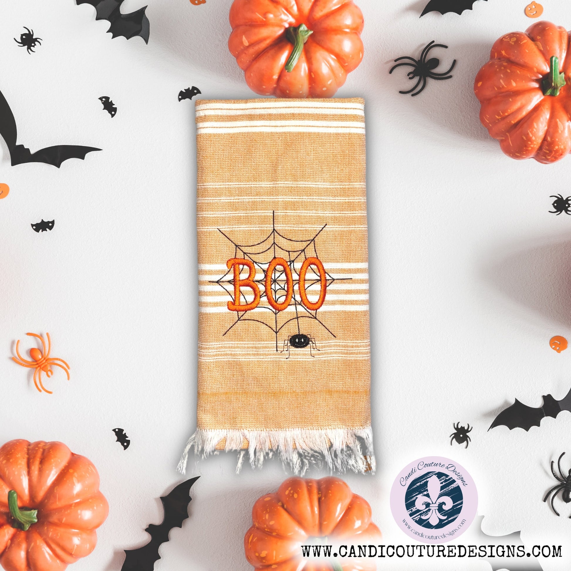Halloween Spiderweb BOO Kitchen Towel, Orange Stripe Turkish Towel, Farmhouse Dish Towel, Embroidered Spooky Towel, Scary Towel with Fringe