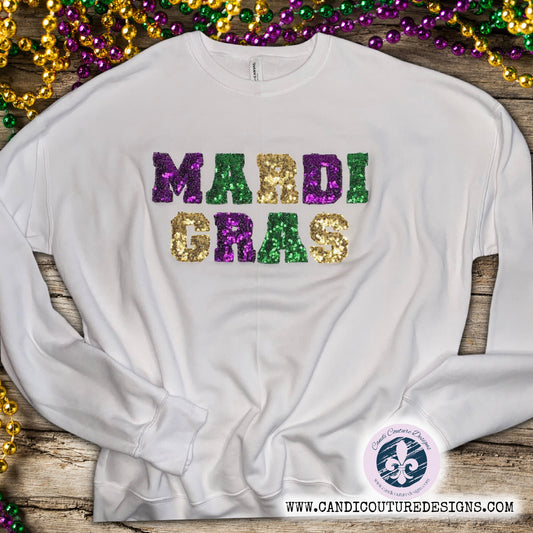 Sequin Mardi Gras Sweatshirt, Sparkling Carnival Pullover, Shimmering Festival Top, Sequin Applique Sweatshirt, Trendy Ladies Parade Apparel